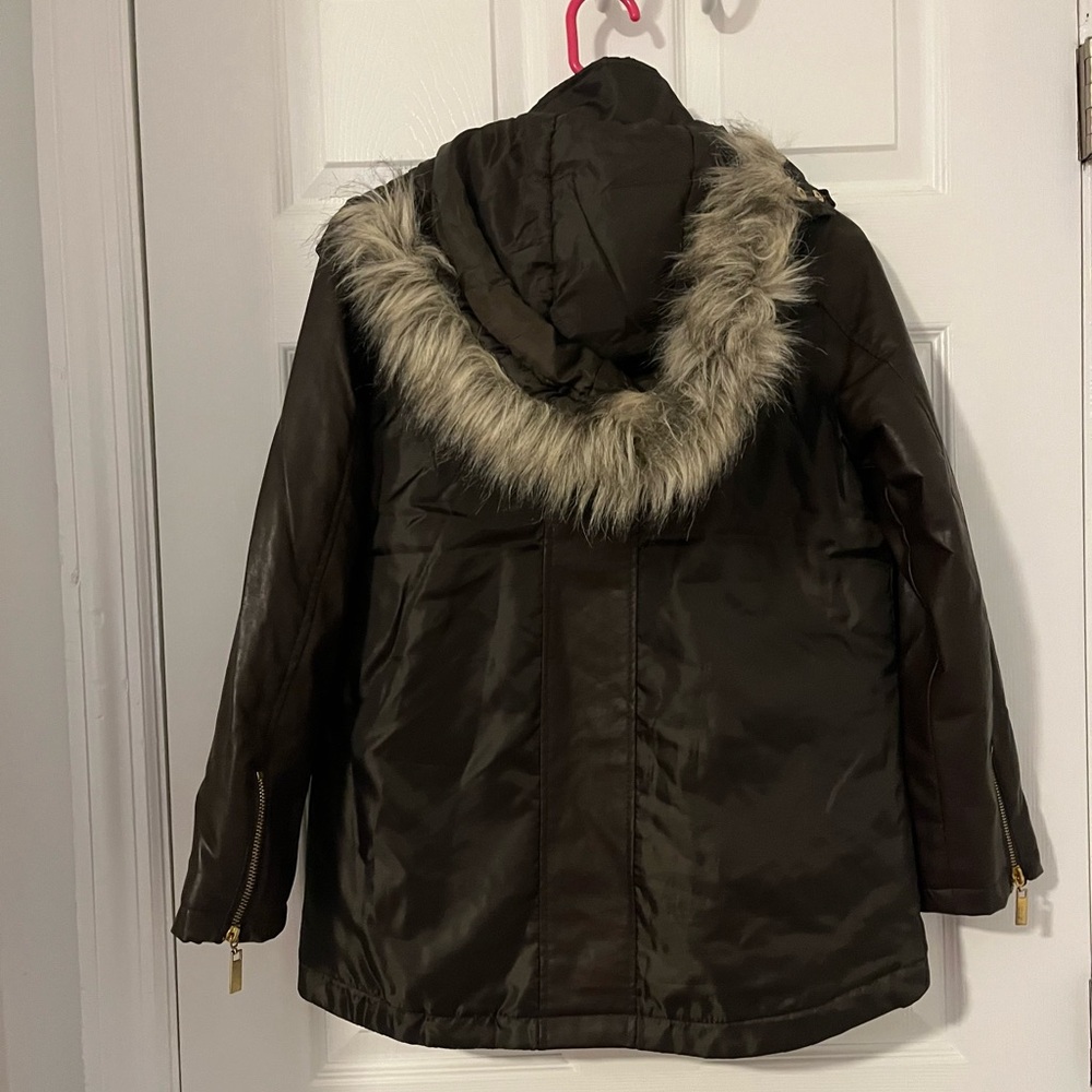 Girls’ Dark Brown Hooded Jacket with Faux Fur Trim